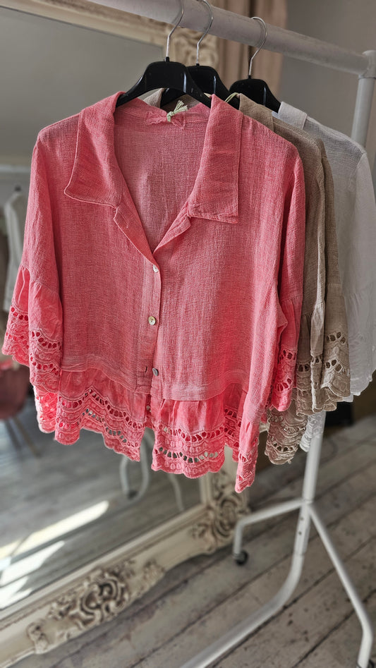 Lily linen blend anglaise hem shirt in coral