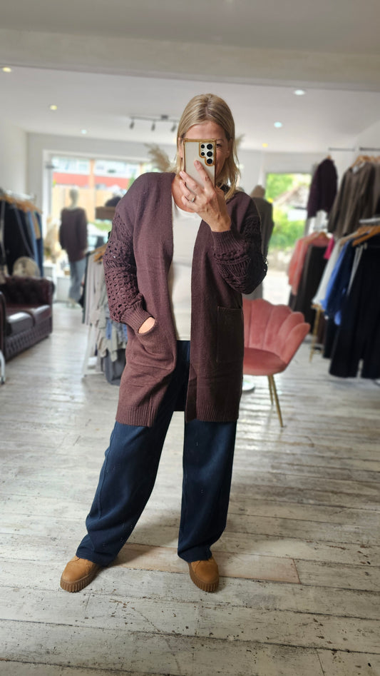 Nadia crochet sleeve cardigan in chocolate