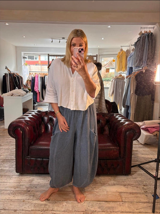 Harper Linen Blend Barrel leg trousers in denim blue