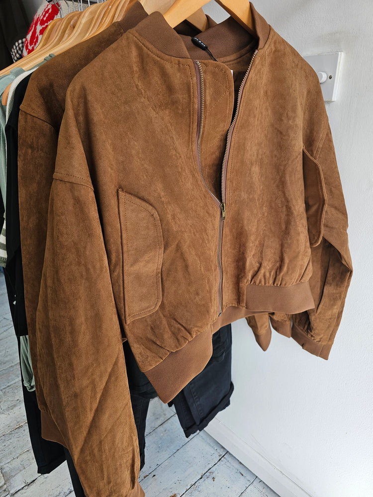 LIBERTY  FAUX Suede Cropped Bomber Jacket IN CAMEL