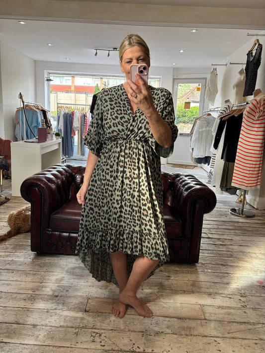 Leopard print elasticated waist high-low dress in khaki