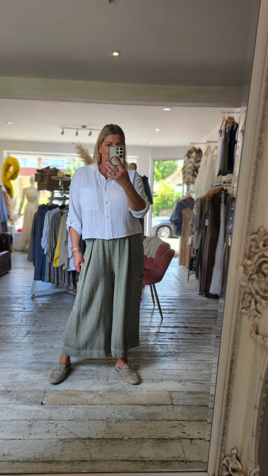 Camila linen blend wide leg crop trousers in Khaki