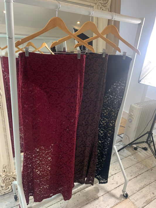 Maya Sheer Floral Lace Maxi Skirt in chocolate