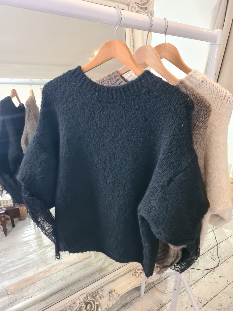 Rita Lace Sleeve knitted jumper in black