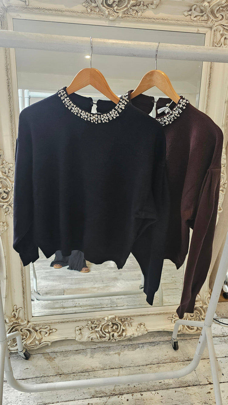 Bridget Diamond Neck Detailed Knit jumper in black