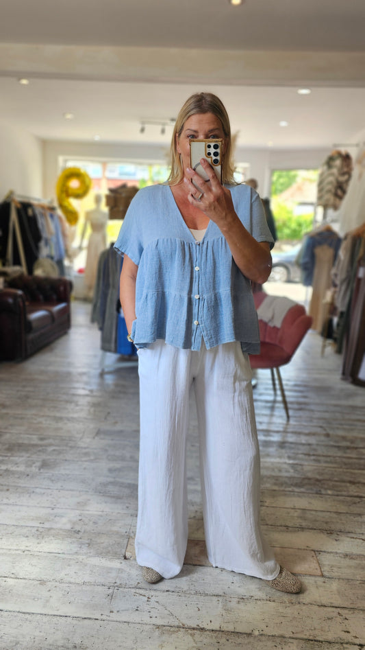 FLORENCE LINEN BLEND BUTTON UP SHIRT IN LIGHT BLUE