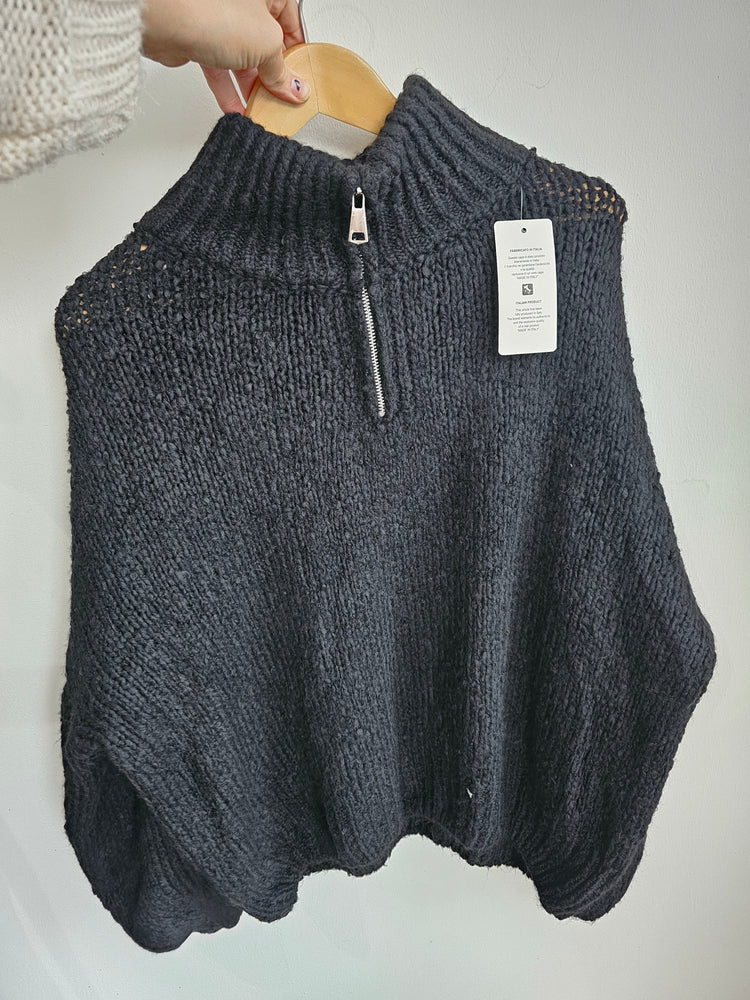 Frankie half zip balloon sleeve knitted jumper in Black