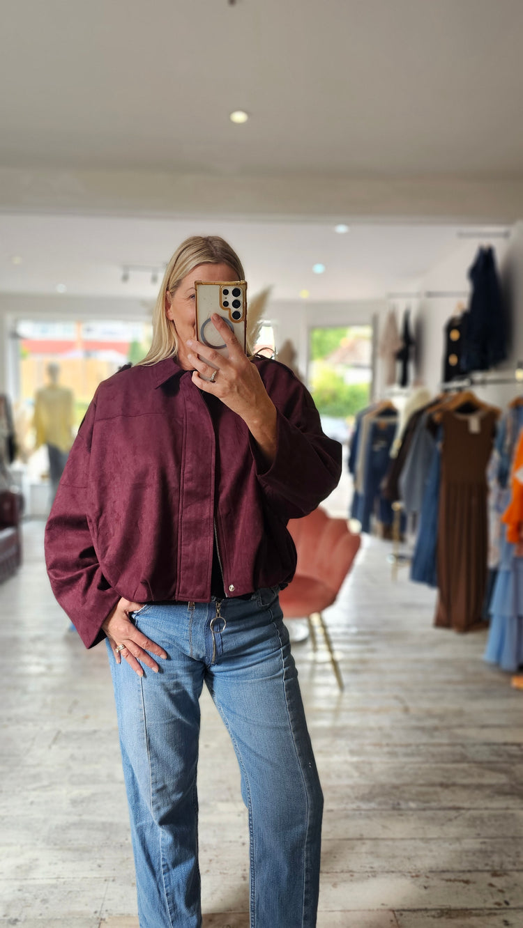 Brooke Suede effect oversized bomber jacket in Merlot