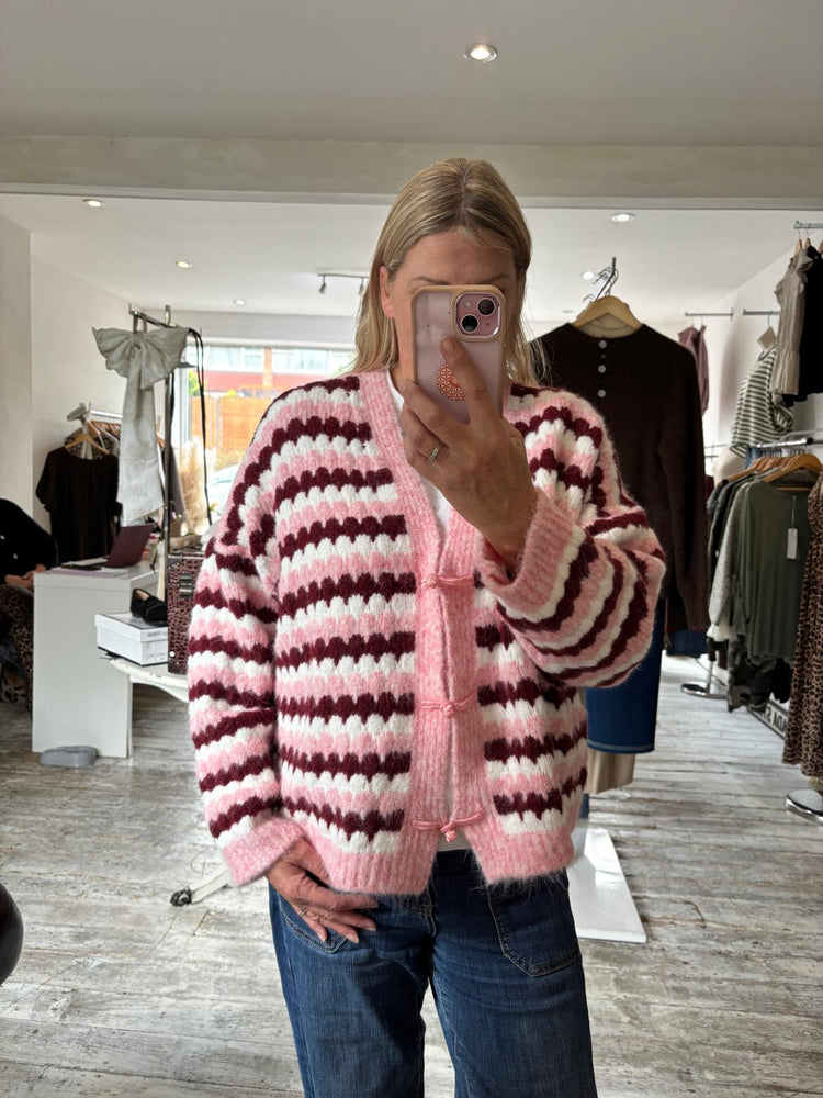 Jody Multicoloured button up knitted cardigan in pink