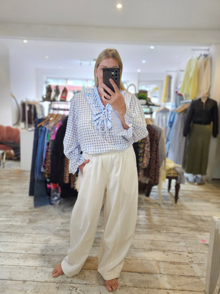 Mimi frill neck gingham blouse in powder blue