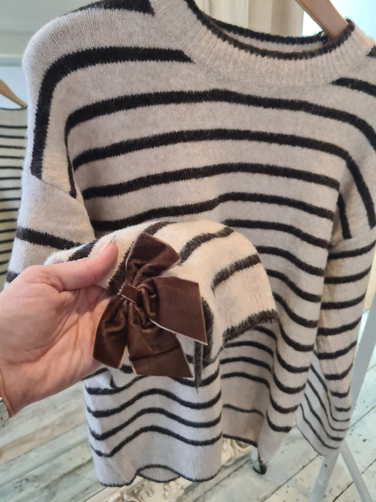 Rochelle Bow Cuff Striped Jumper in Beige