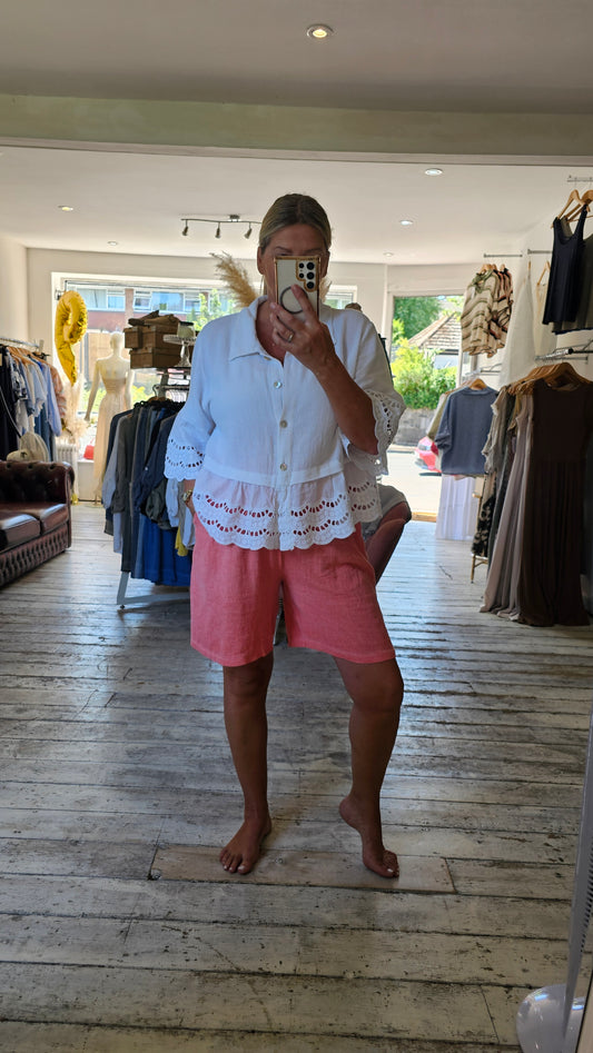 IVY ELASTICATED WAIST LINEN BLEND SHORTS IN CORAL