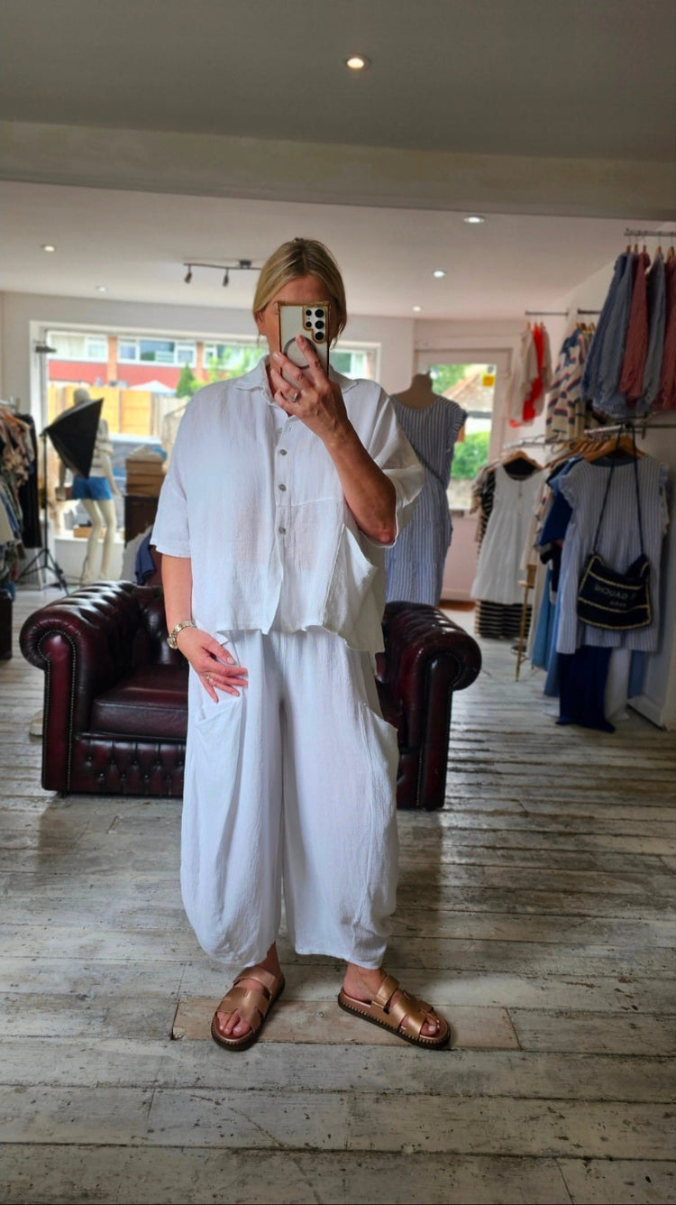 Harper Linen Blend Barrel leg trousers in white