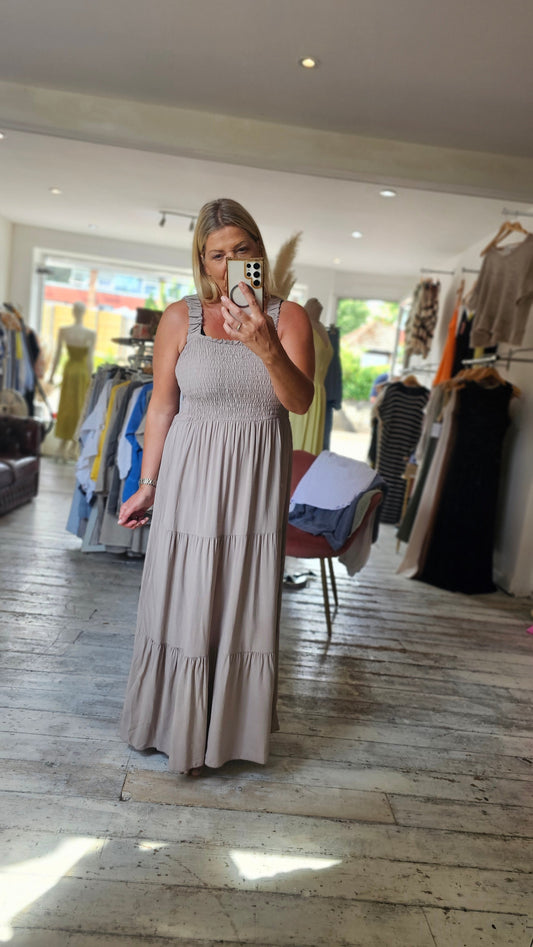 Leah Shirred chest maxi dress in Mocha
