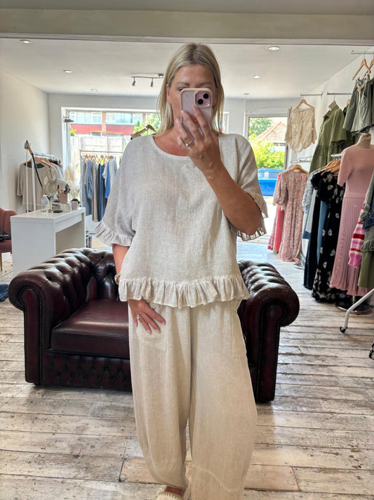 Libby linen ruffle top in beige