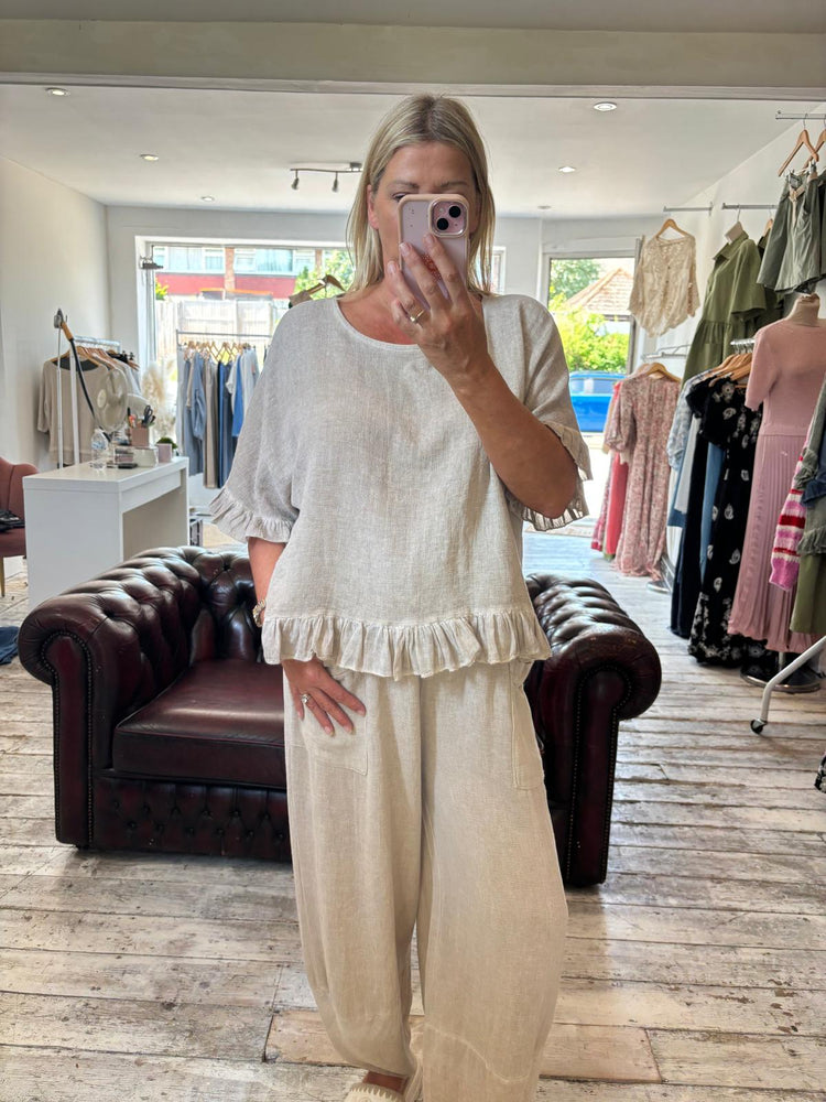 Libby linen ruffle top in beige