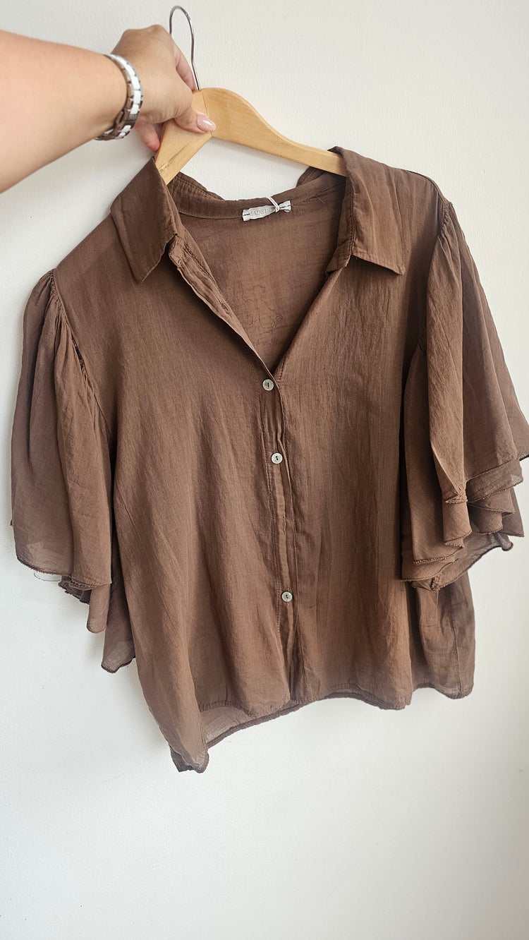 Polly Frill Sleeve Cotton Blouse in chocolate