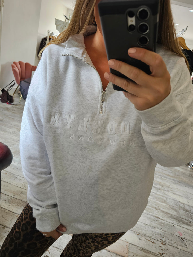 Brooklyn Half Zip Oversized fit Sweatshirt in MARL GREY