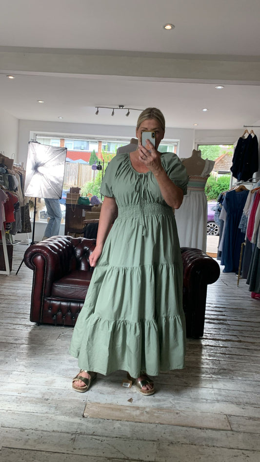Olivia Cotton Puff Sleeve Shirred Waist Maxi Dress in Khaki