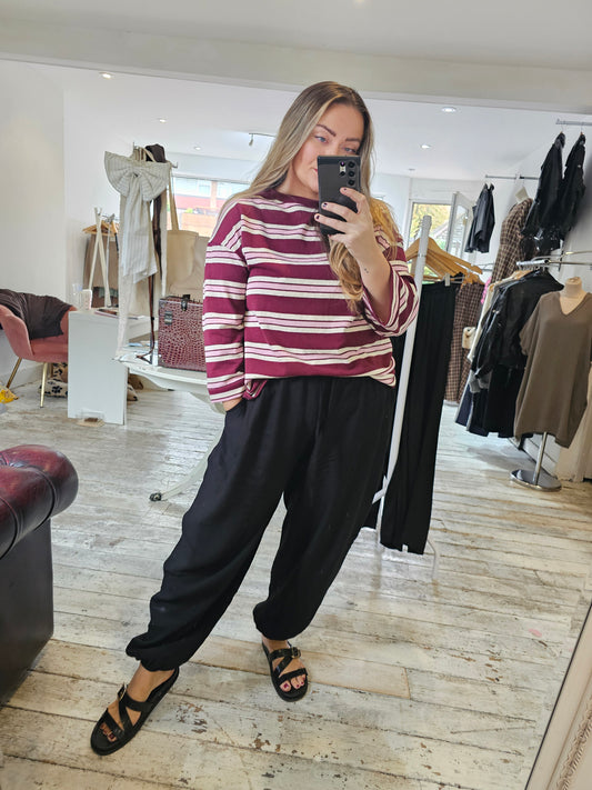 Demi Oversized Striped Long Sleeve Top in burgundy