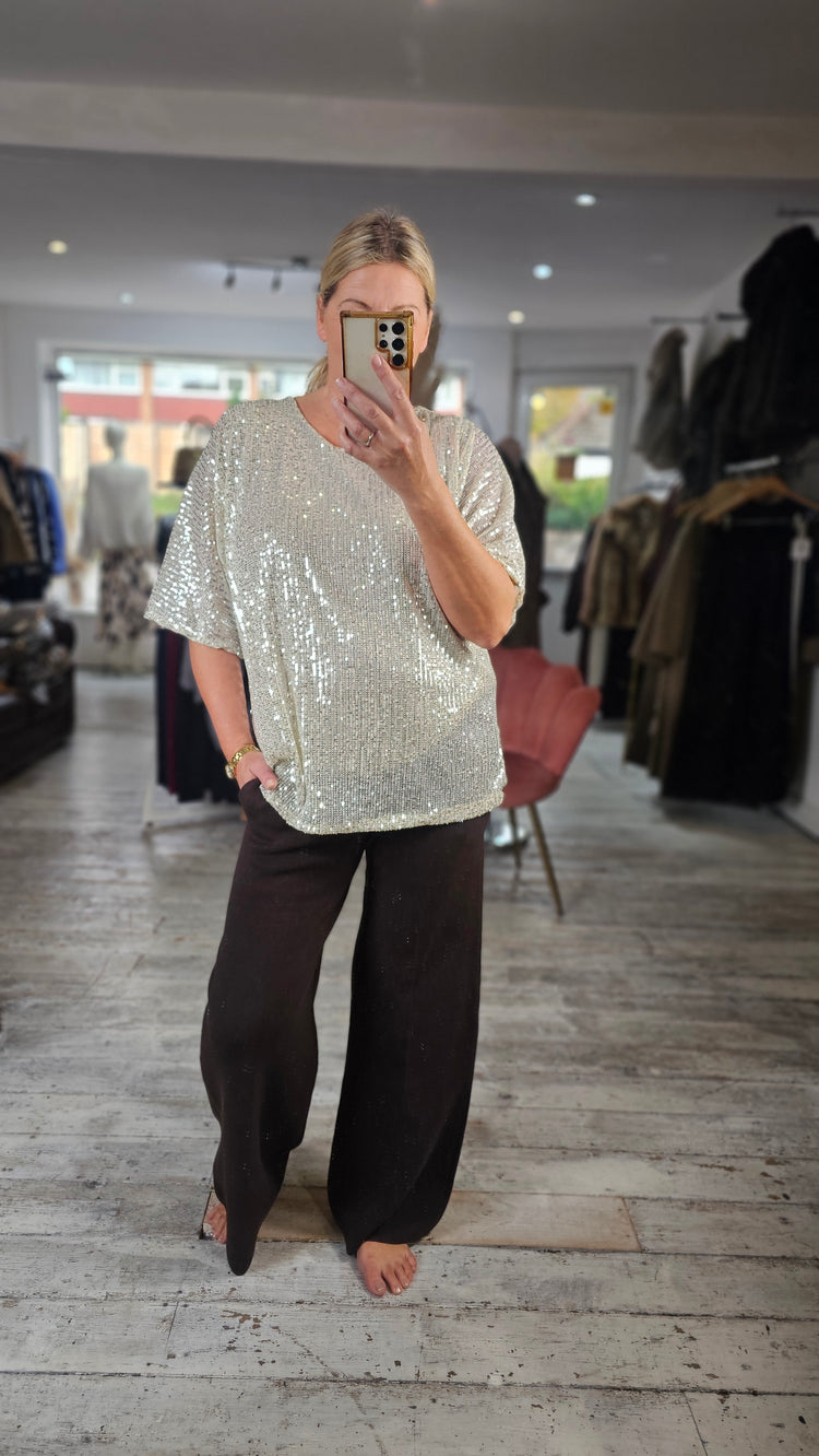 Caroline round neck sequin top in champagne