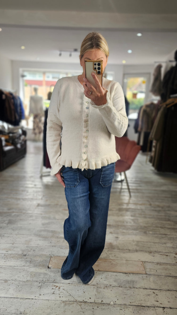 Margot Frill trim knitted cardigan in cream