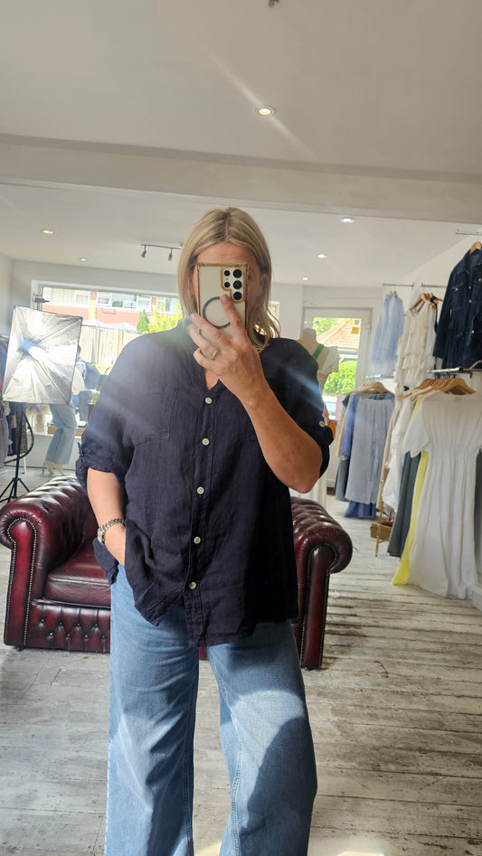 Emilia lace back linen blouse in navy