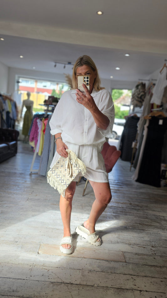 Phoebe Linen Look Oversized Blouse And Shorts Set in white