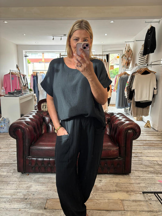 ELSIE CHEESECLOTH TWO PIECE SET IN BLACK
