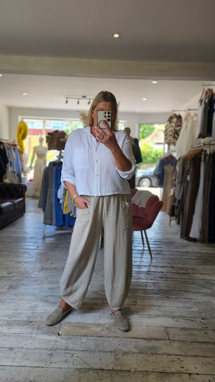 Olive Linen Blend Front Pocket Trouser in Beige