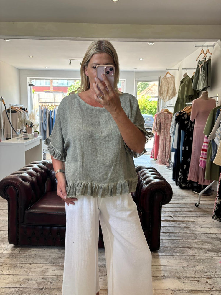 Libby linen ruffle top in Khaki