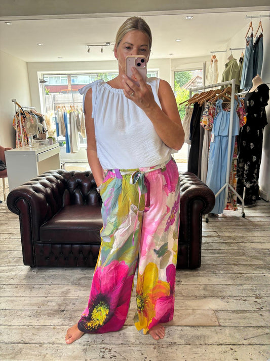 Bright floral tie waist trousers