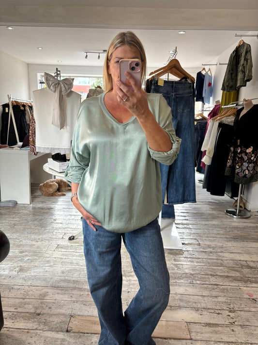 Sloane Satin Front V-neck Blouse in khaki