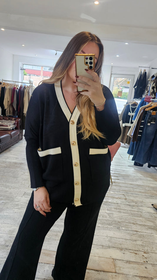 GABRIELLE CONTRAST GOLD BUTTON CARDIGAN IN BLACK