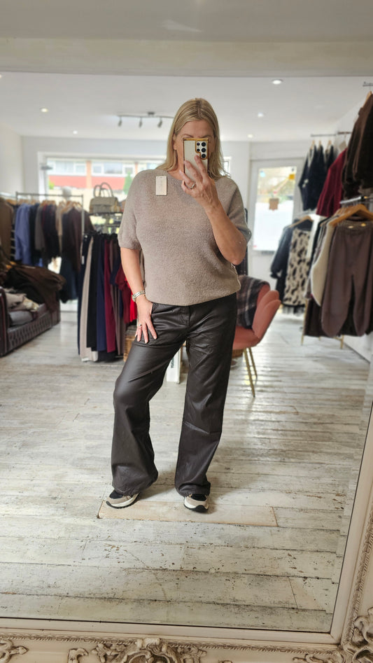 Kate leather look flare trousers in chocolate