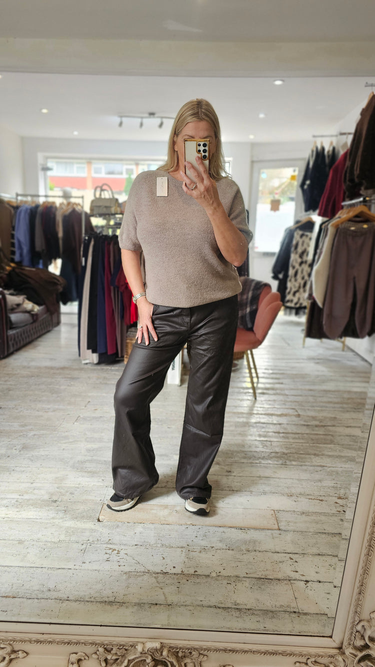 Kate leather look flare trousers in chocolate