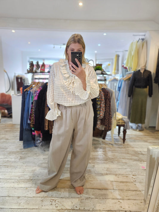 Mimi frill neck gingham blouse in cream