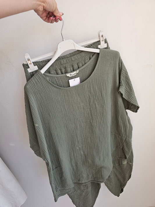 ELSIE CHEESECLOTH TWO PIECE SET IN khaki