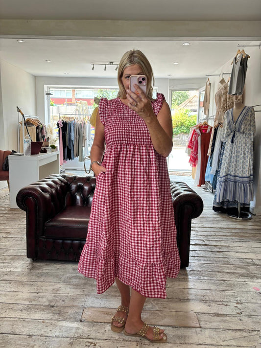Frida Shirred Gingham Midi Dress in raspberry