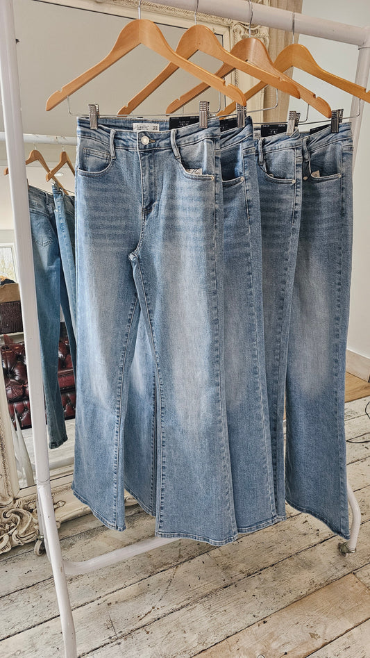 Light wash blue skinny flare jeans