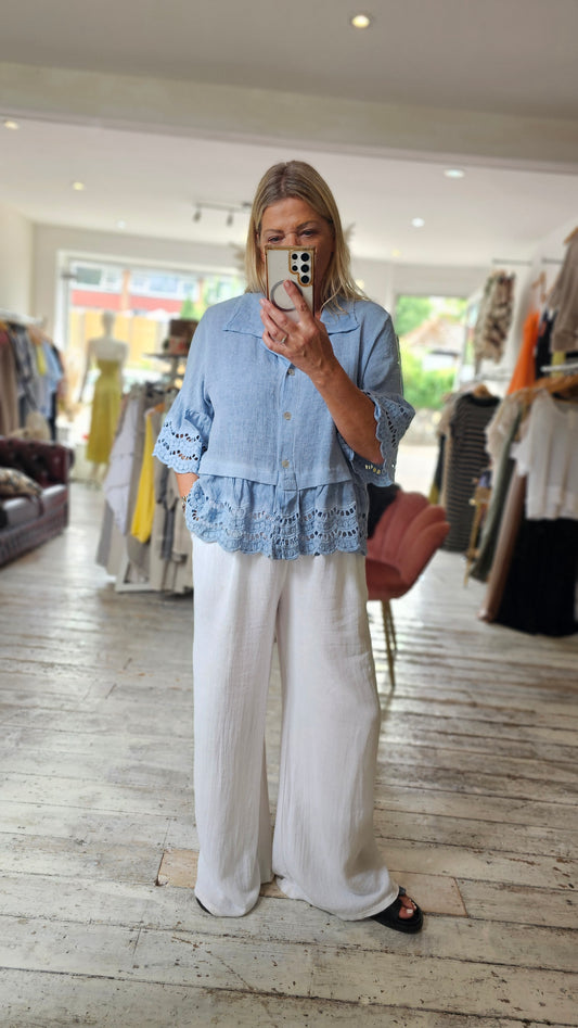 Lily linen blend anglaise hem shirt in light blue