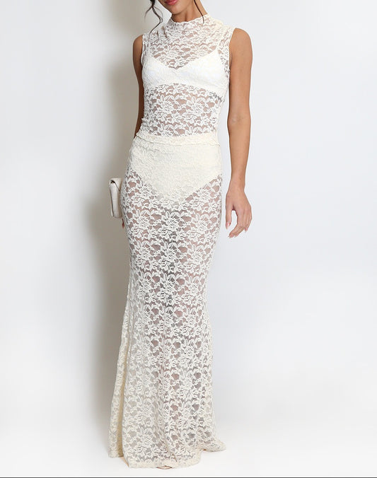 Maya Sheer Floral Lace Maxi Skirt in cream