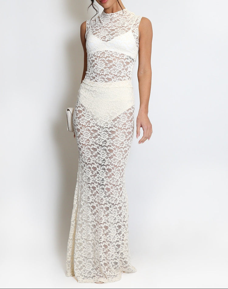 Maya Sheer Floral Lace Maxi Skirt in cream