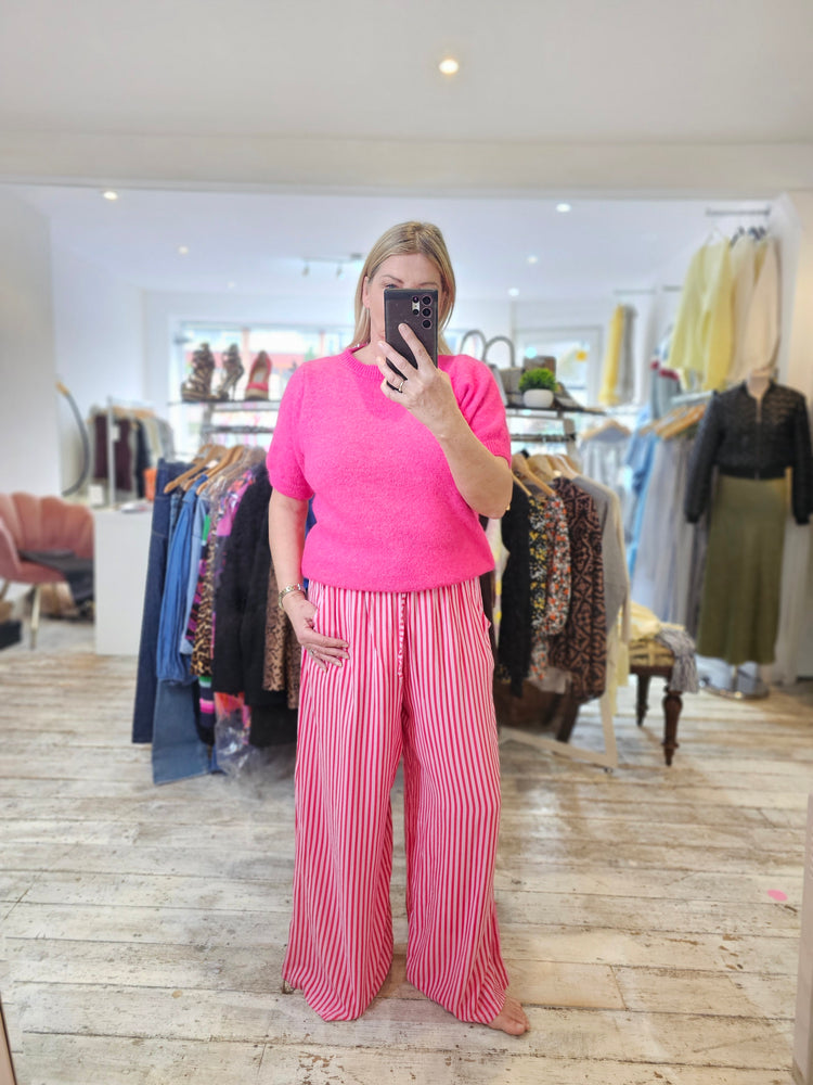 BRIDGET WIDE LEG STRIPE LINEN TROUSERS IN PINK/RED