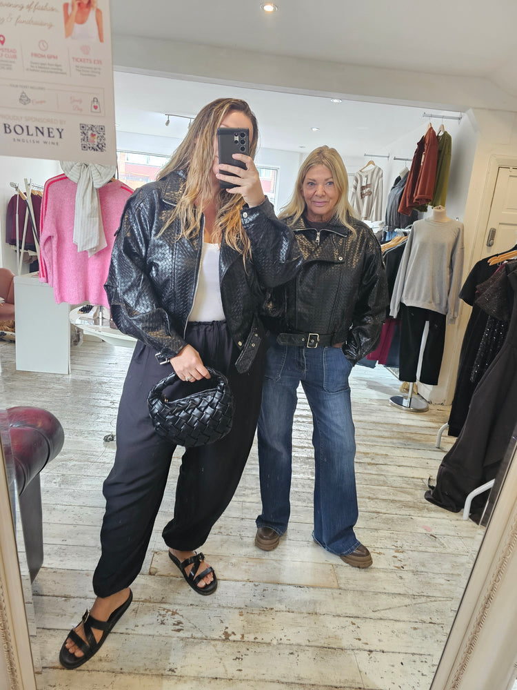 Alessandra Faux Leather Woven Biker Jacket in black