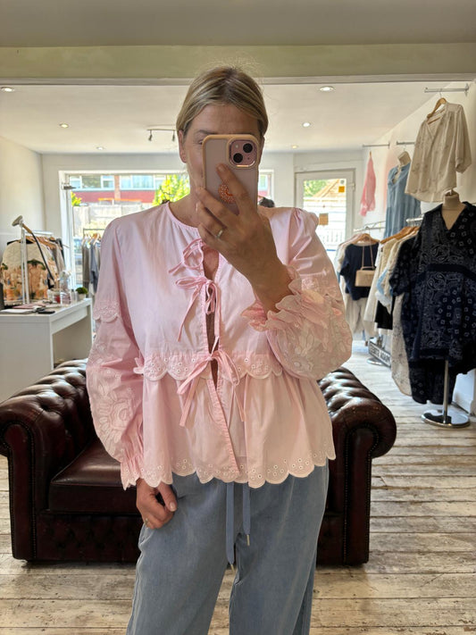 NELLIE COTTON EMBROIDERY TIE UP BLOUSE IN BLUSH PINK