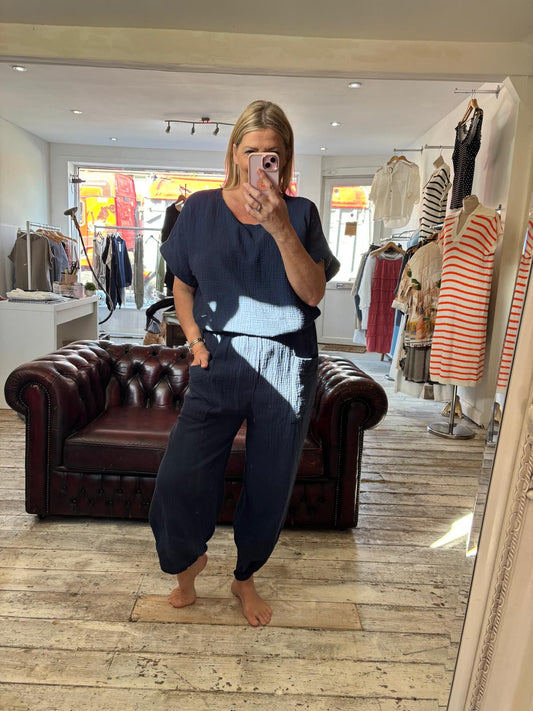 ELSIE CHEESECLOTH TWO PIECE SET IN NAVY