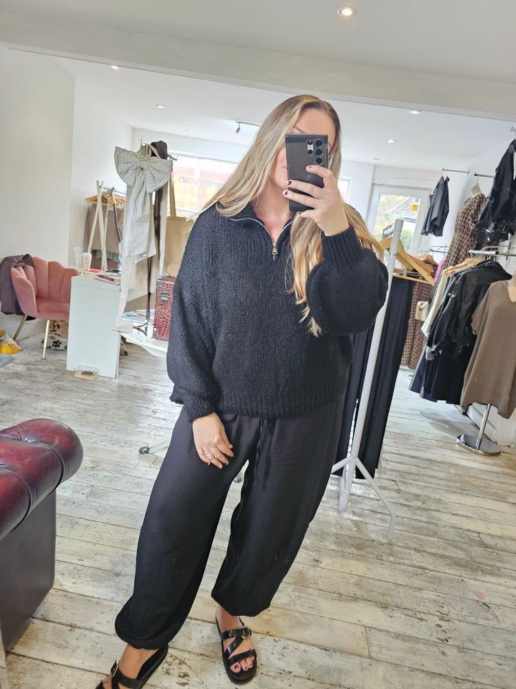 Frankie half zip balloon sleeve knitted jumper in Black
