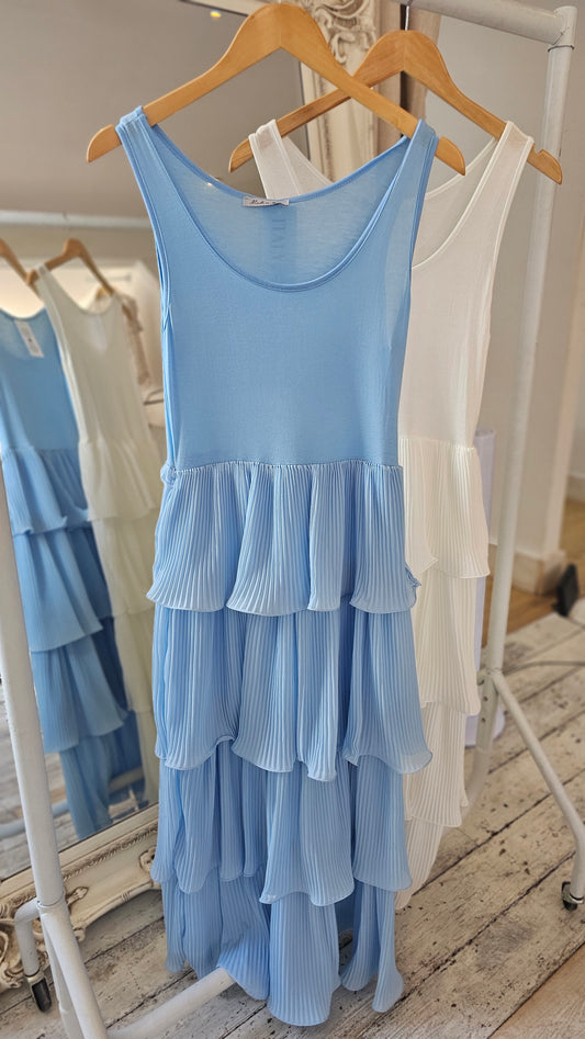 Florence layered pleat dress in powder blue