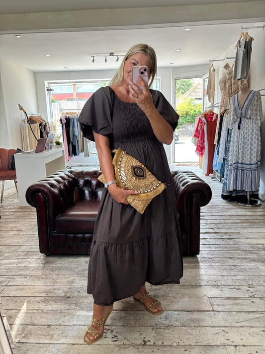 Celine shirred puffball sleeve cotton dress in chocolate